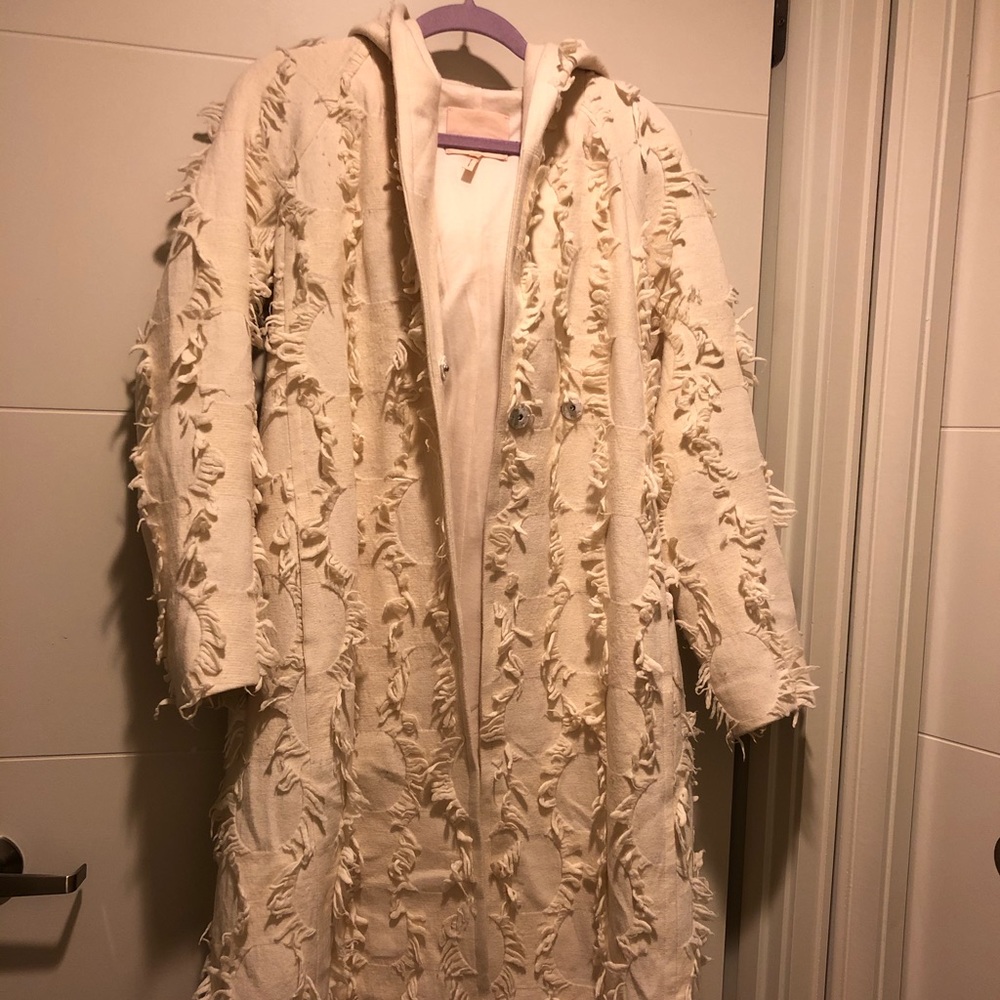 REBECCA TAYLOR OFF-WHITE WRAP FRINGE COAT